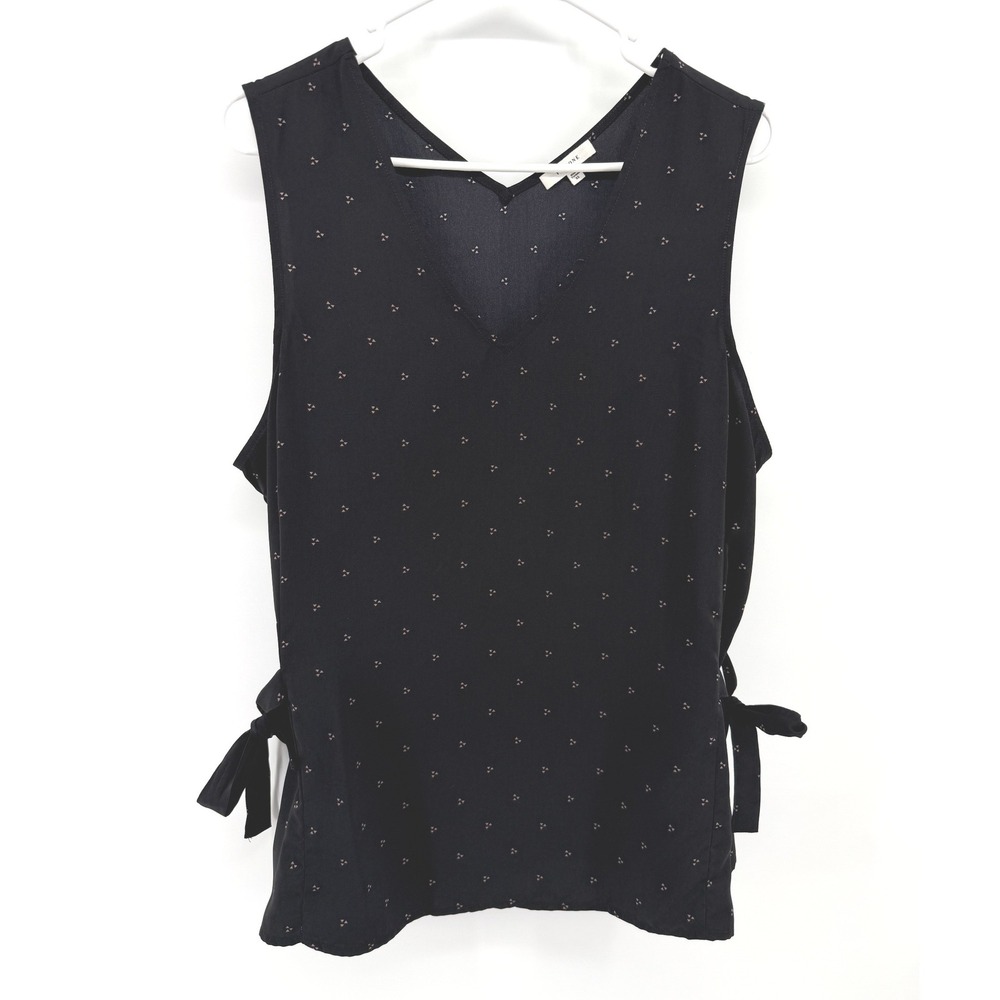 Pleione Sleeveless Blouse Womens XL Black Side Tie Pink Geometric Print V Neck